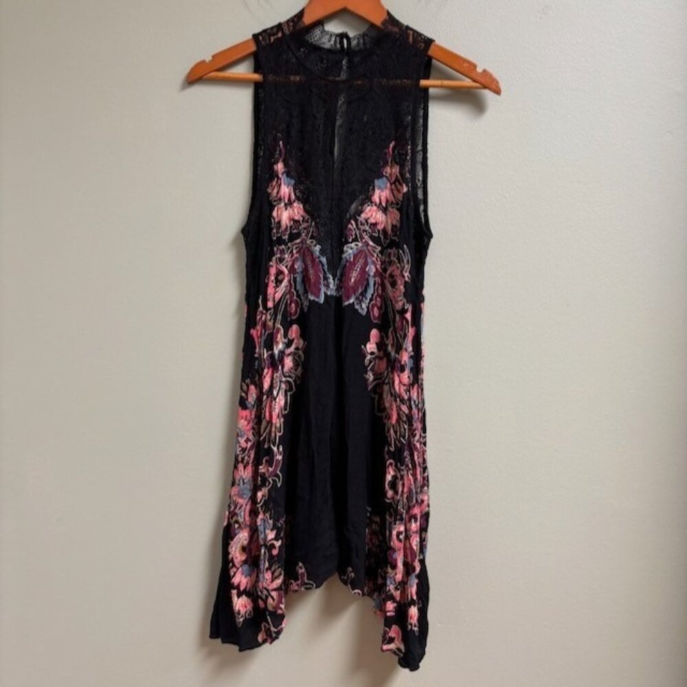 Intimately Free People Womens‎ Floral Black Lace Tunic Top Size SP Asymmetric